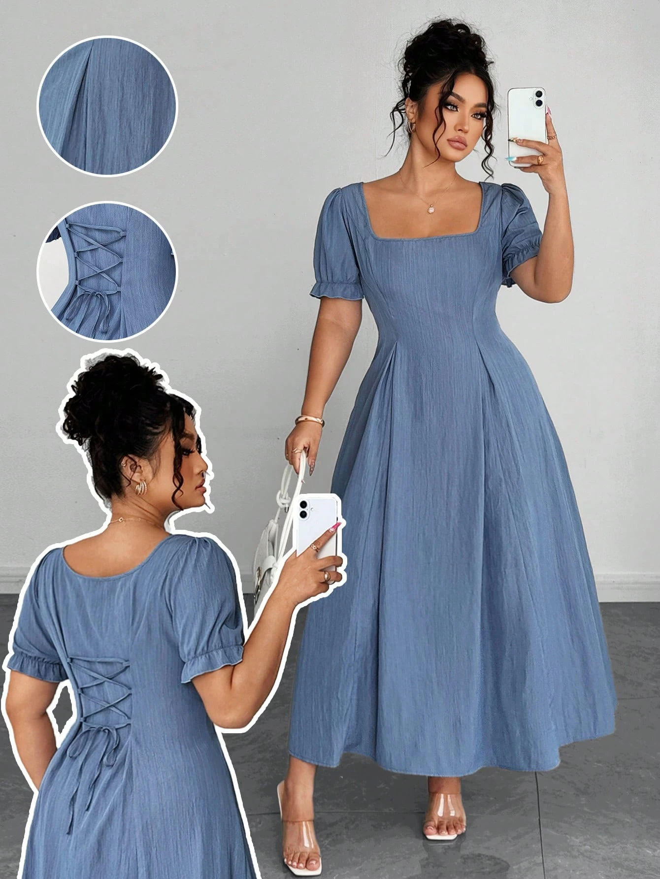 Robe évasée élégante à encolure carrée française et taille cintrée