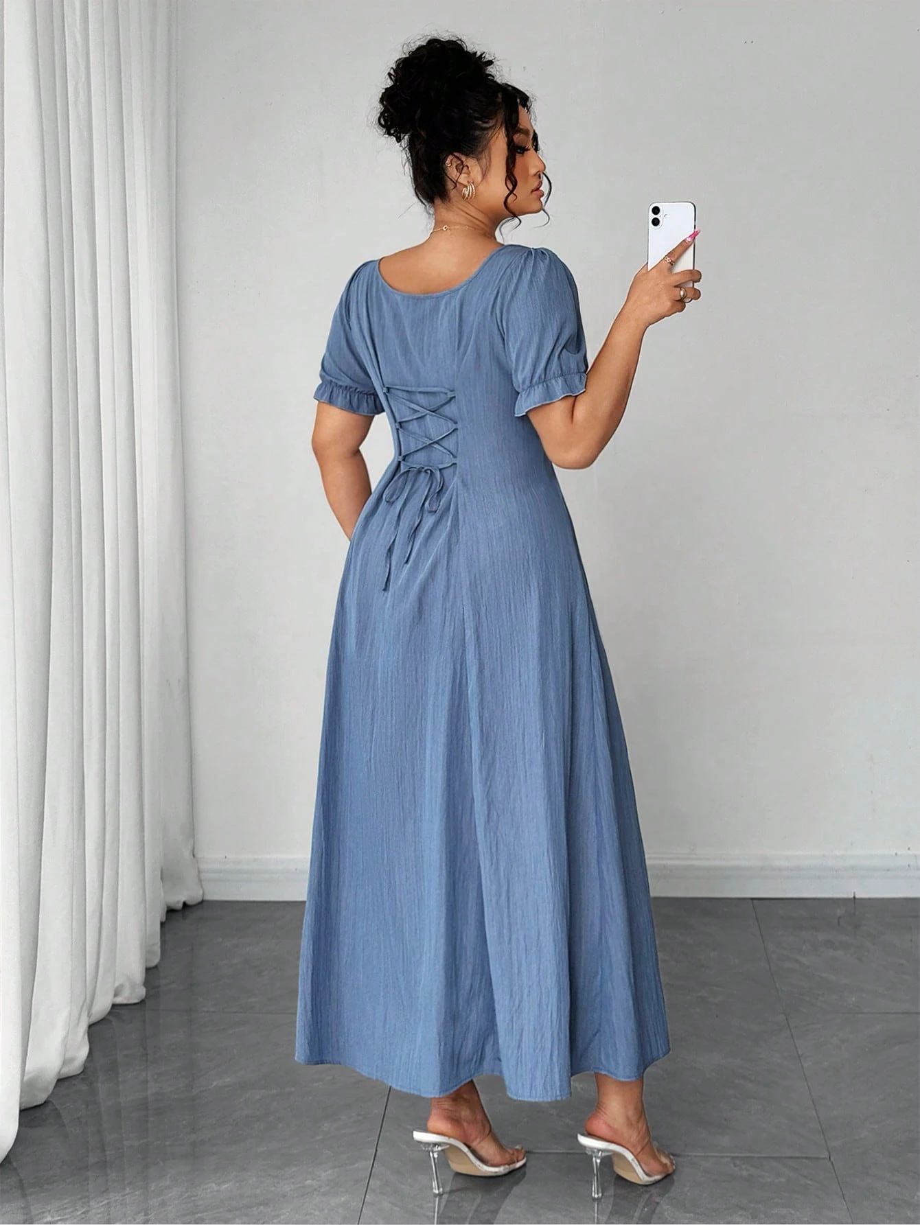 Robe évasée élégante à encolure carrée française et taille cintrée – Image 6