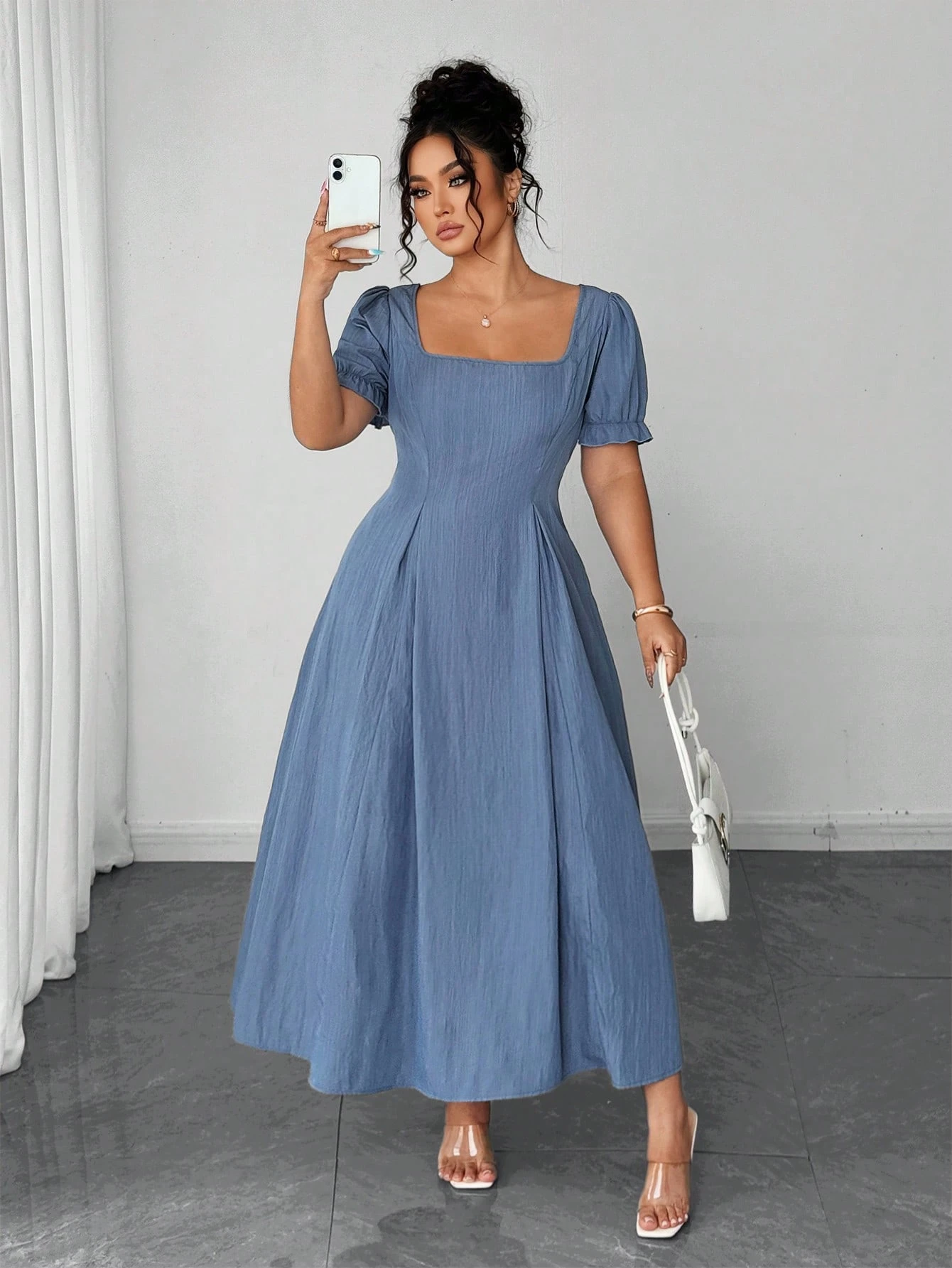 Robe évasée élégante à encolure carrée française et taille cintrée – Image 7