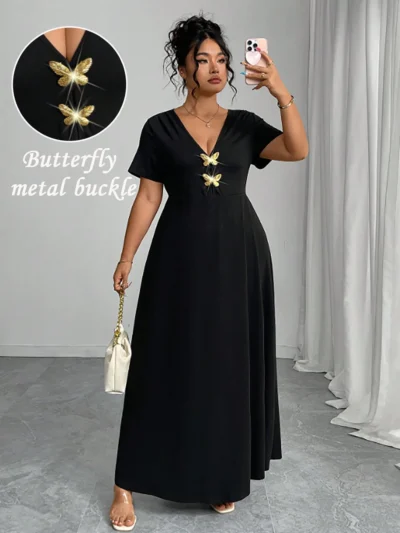 Robe moulante à col V profond avec application papillon à manches courtes