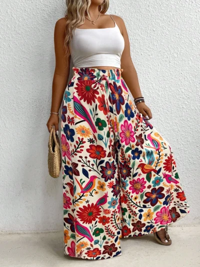 Pantalon large à imprimé floral coloré