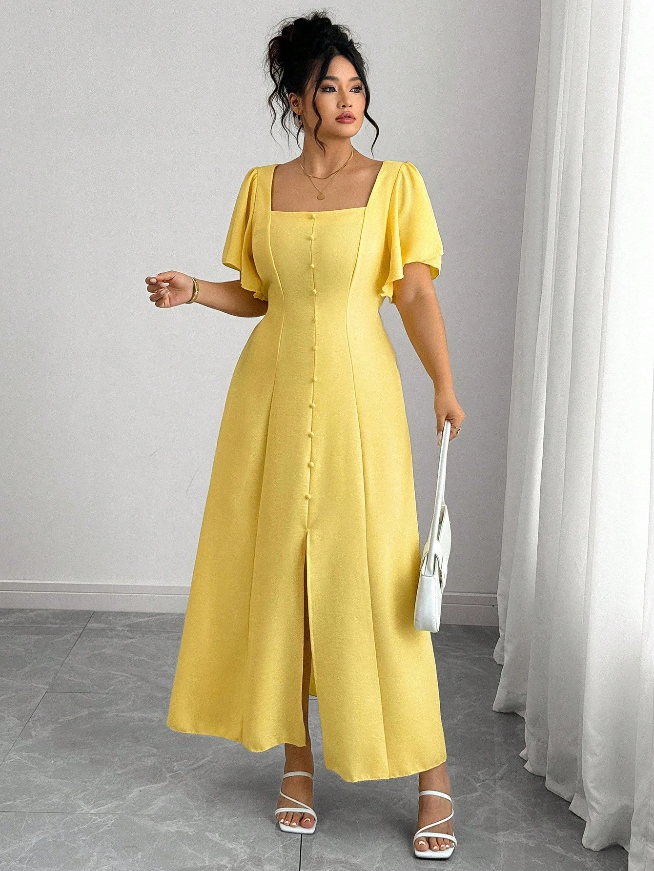 Robe longue carrée à volants avec ceinture – Image 3