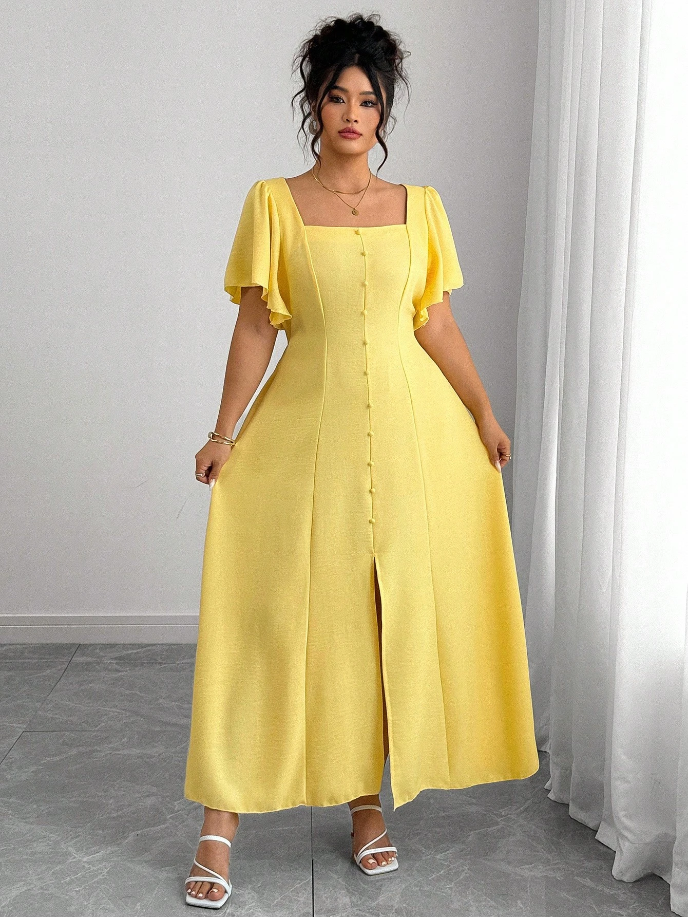 Robe longue carrée à volants avec ceinture – Image 4