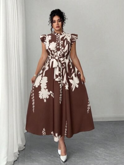 Robe longue élégante à imprimé floral avec volants, coupe flatteuse