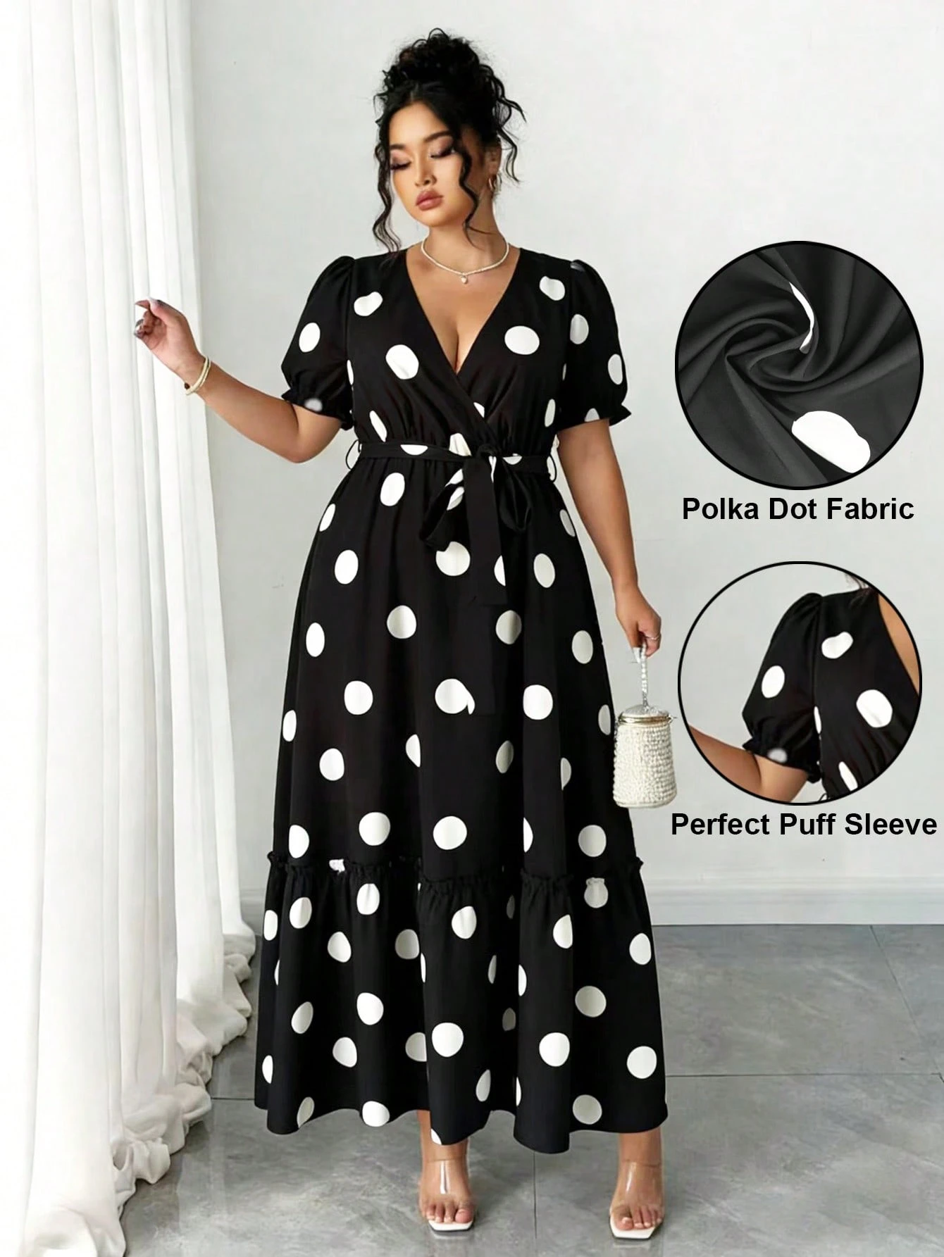Robe élégante à col V, manches bouffantes et taille nouée