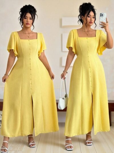 Robe longue carrée à volants avec ceinture