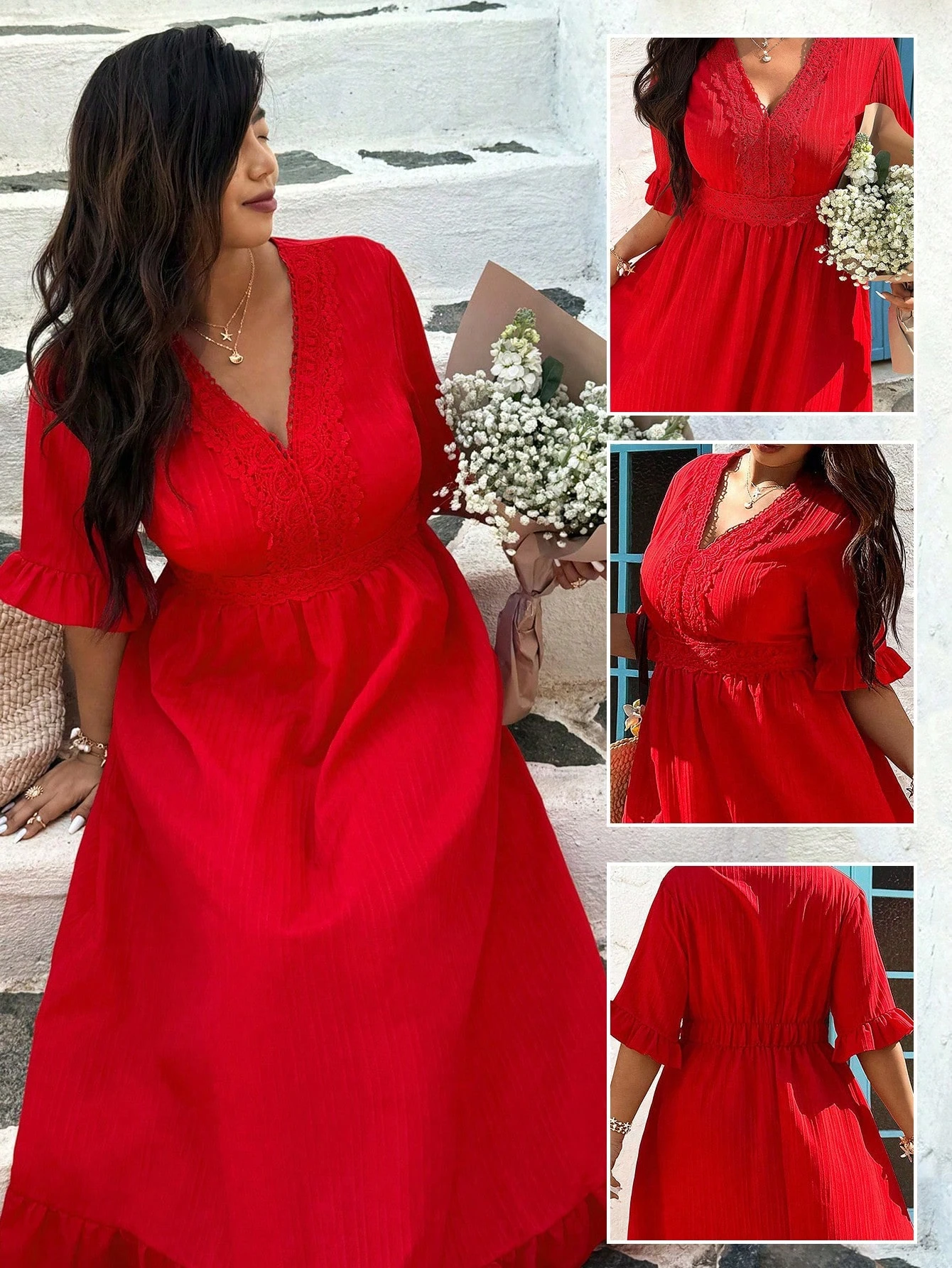 Robe à ligne A avec empiècement en dentelle, col V et volants à l'ourlet – Image 3
