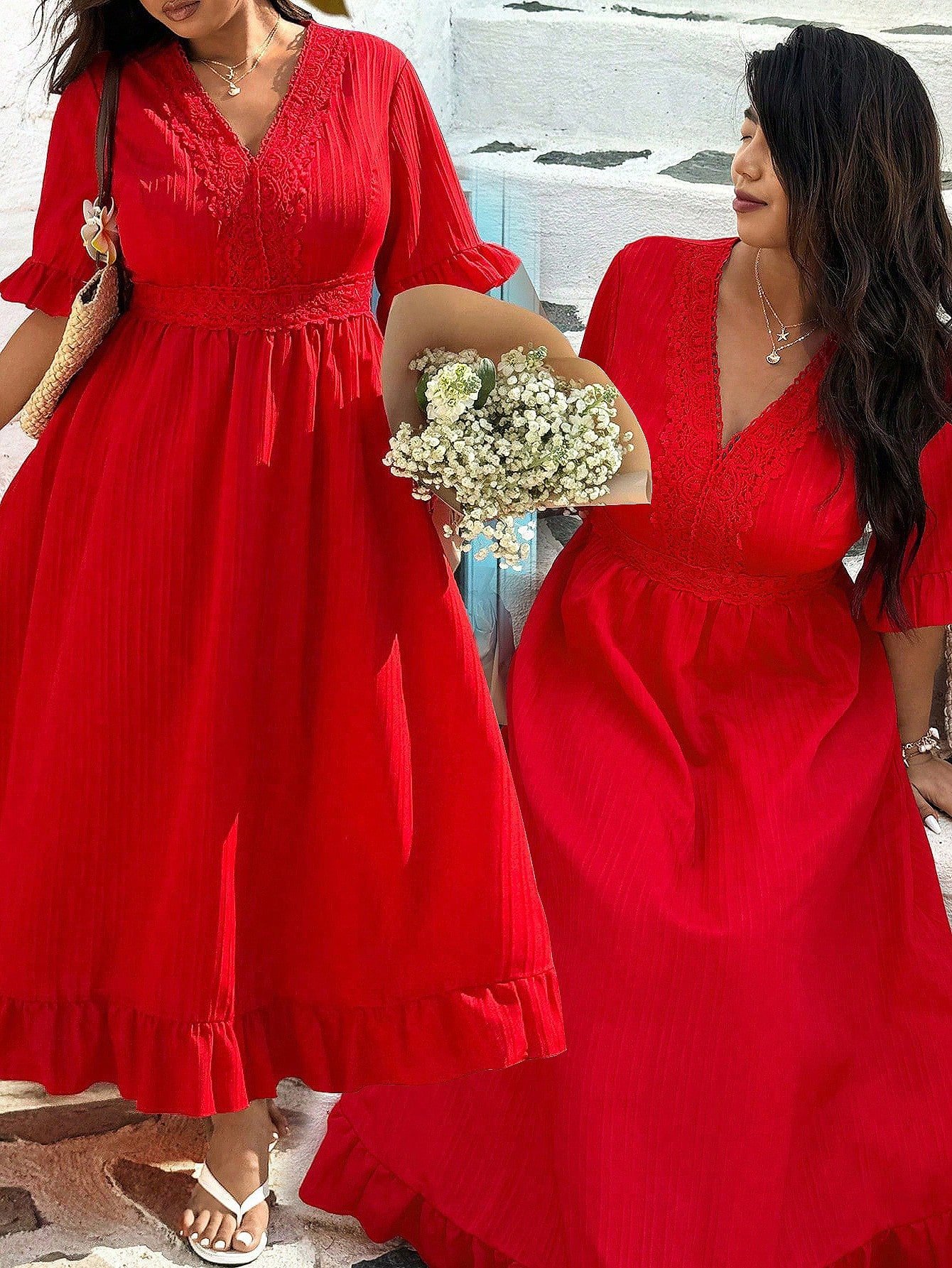Robe à ligne A avec empiècement en dentelle, col V et volants à l'ourlet – Image 9