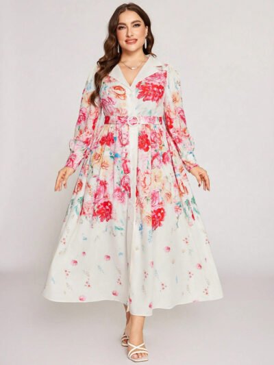 Robe style Arabe à manches longues à imprimé floral en coupe évasée