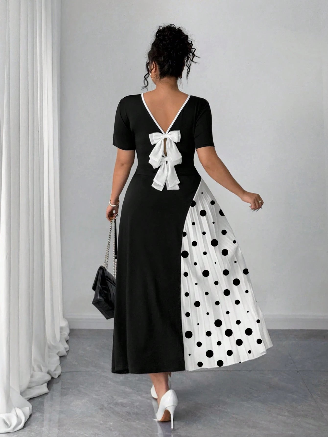 Robe plissée élégante française en patchwork avec détail nœud papillon – Image 2