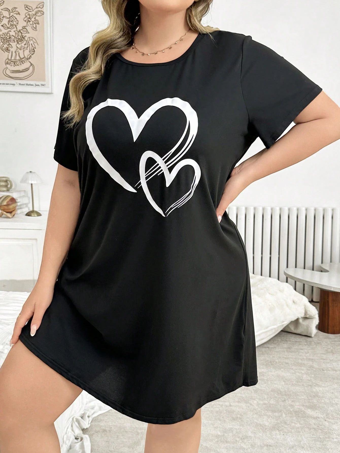 Chemise de nuit décontractée à imprimé cœur – Image 3