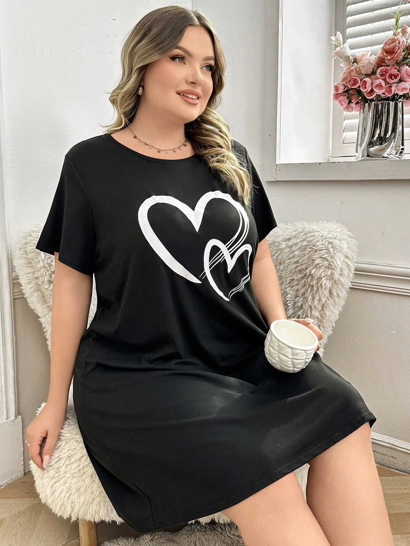 Chemise de nuit décontractée à imprimé cœur – Image 7