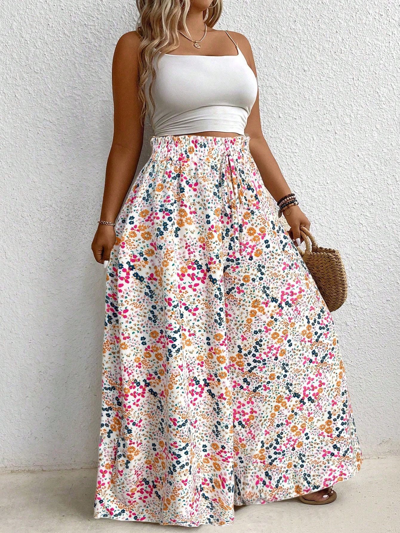 Pantalon grande taille à jambes larges avec imprimé floral ditsy casual – Image 4