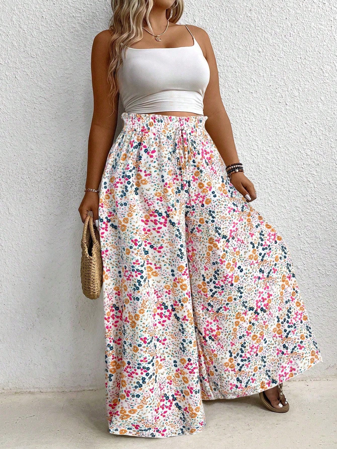 Pantalon grande taille à jambes larges avec imprimé floral ditsy casual