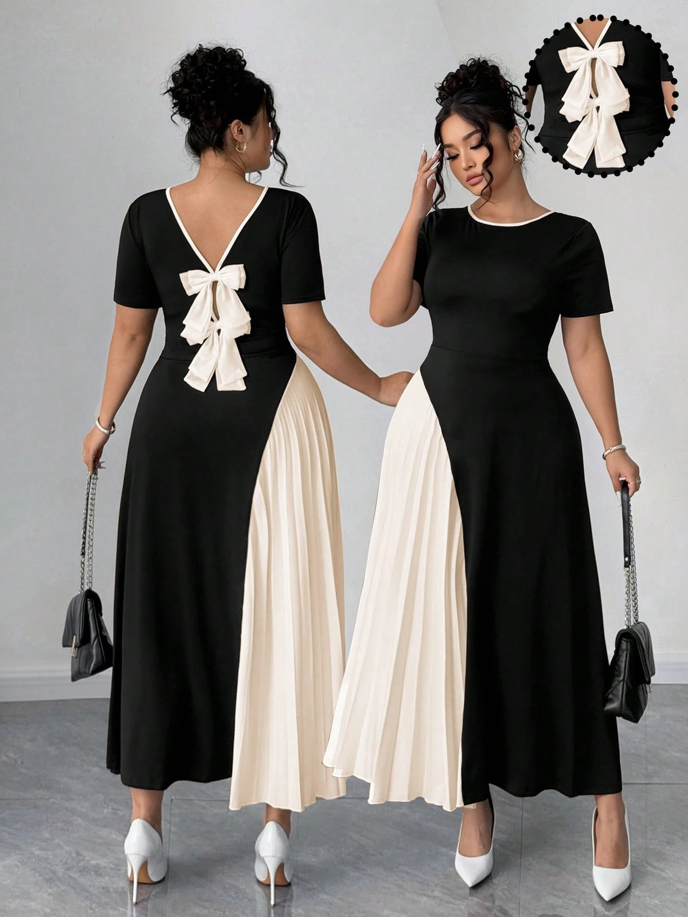 Robe mode française élégante avec patchwork plissé et décoration nœud papillon