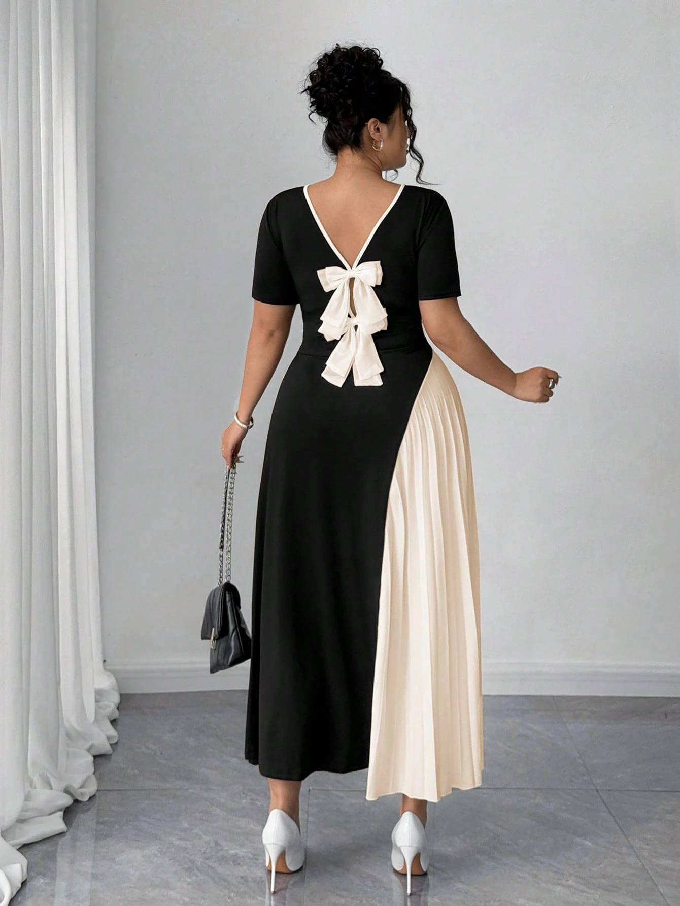 Robe mode française élégante avec patchwork plissé et décoration nœud papillon – Image 2