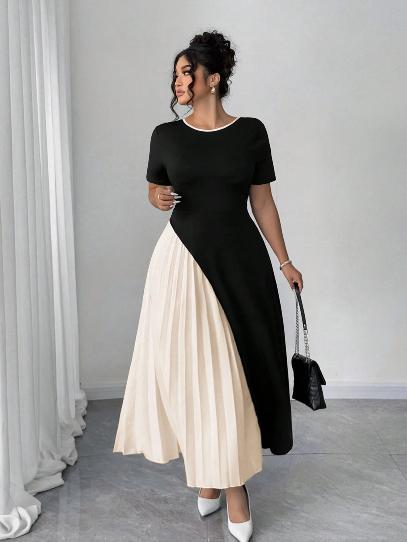 Robe mode française élégante avec patchwork plissé et décoration nœud papillon – Image 3