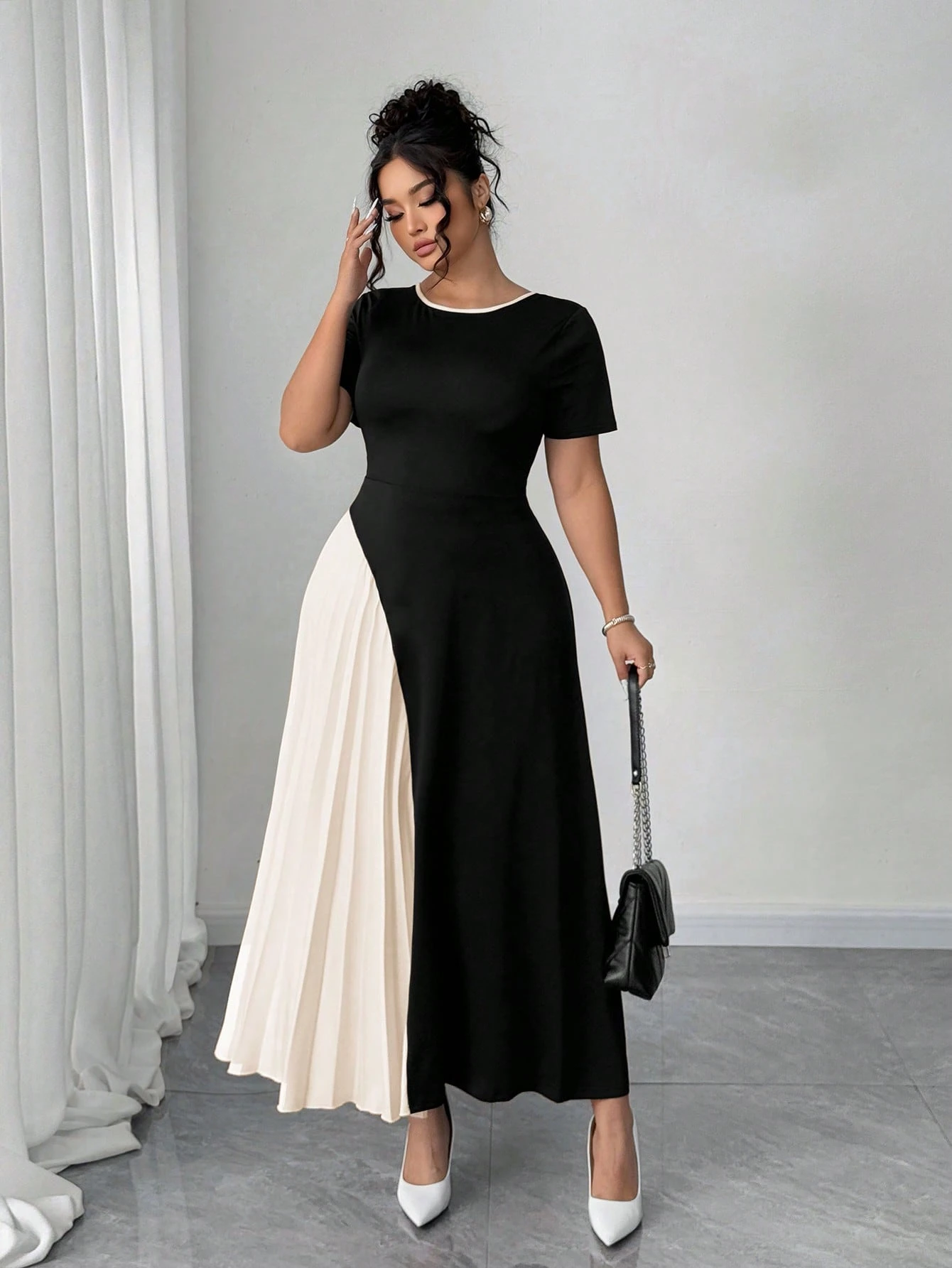 Robe mode française élégante avec patchwork plissé et décoration nœud papillon – Image 8