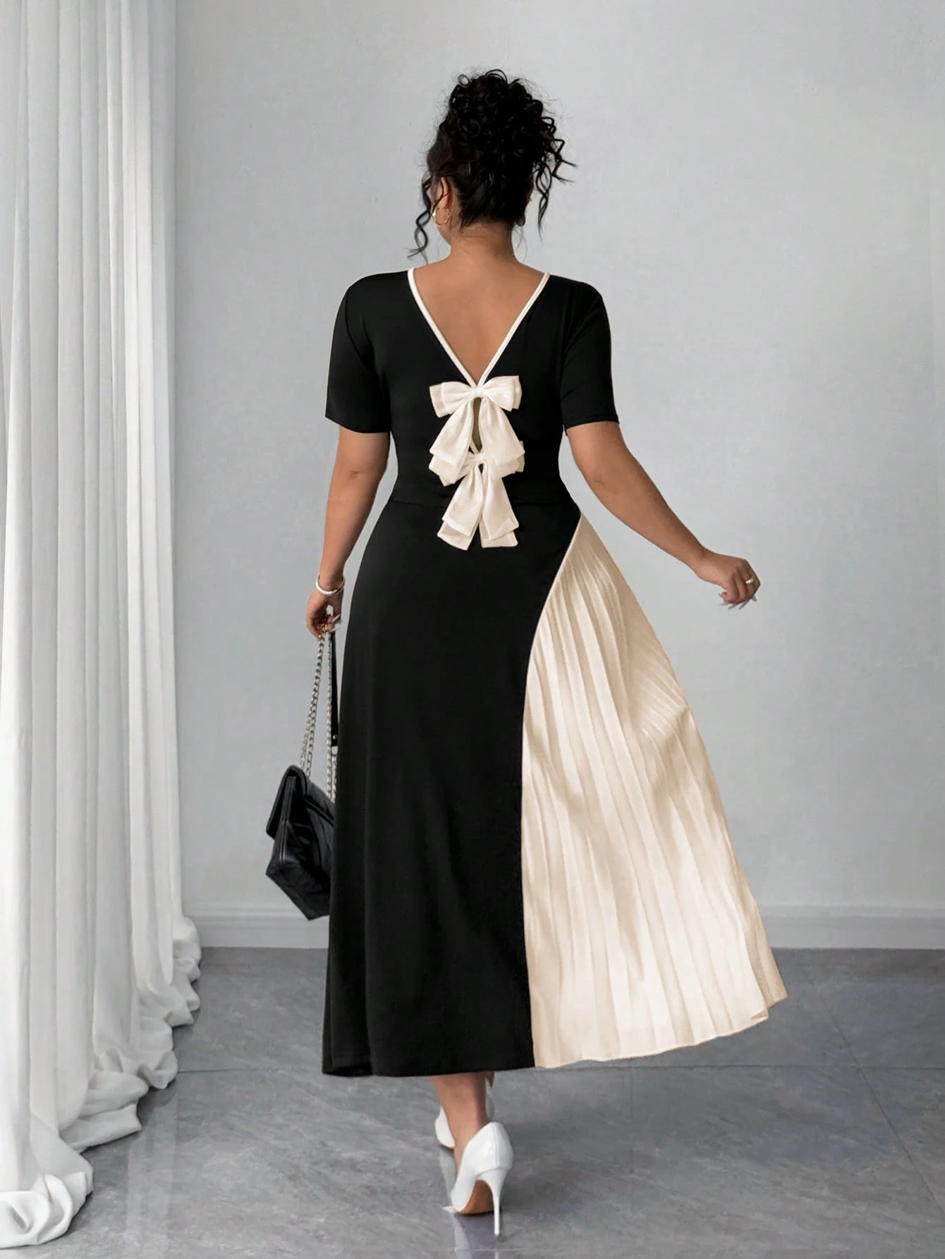 Robe mode française élégante avec patchwork plissé et décoration nœud papillon – Image 4