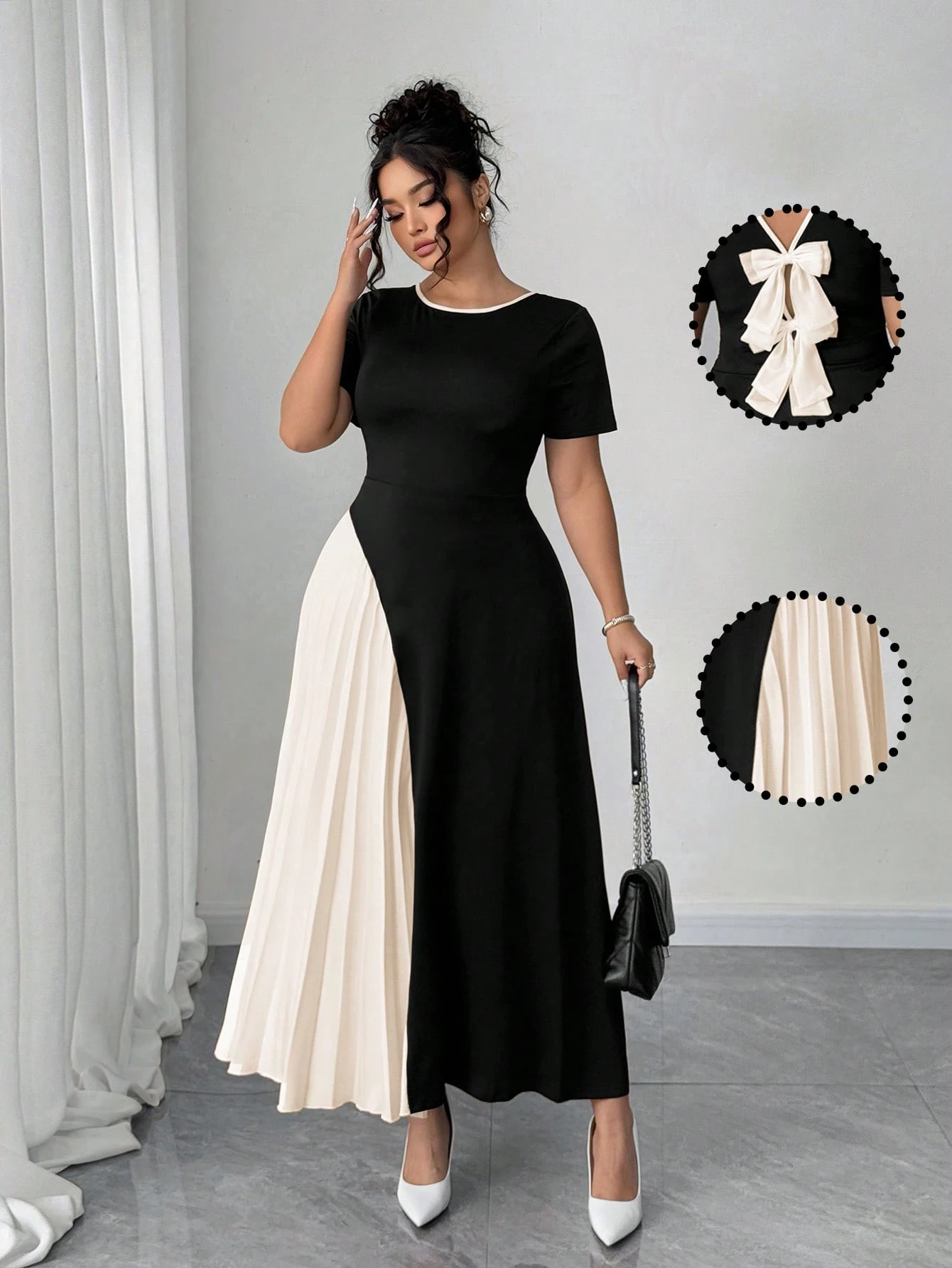 Robe mode française élégante avec patchwork plissé et décoration nœud papillon – Image 5