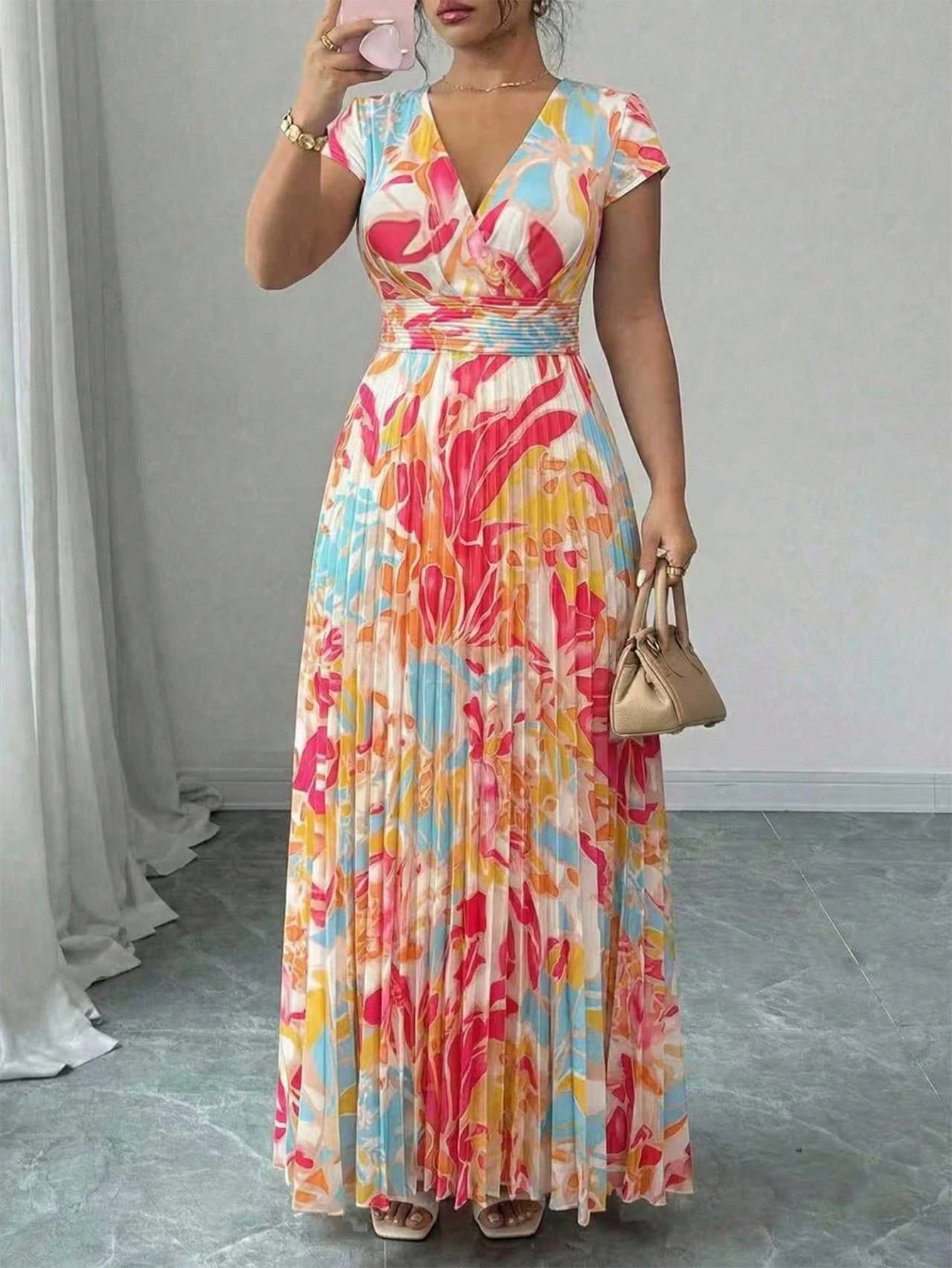 Robe fluide à col V et manches courtes avec motif floral, – Image 3
