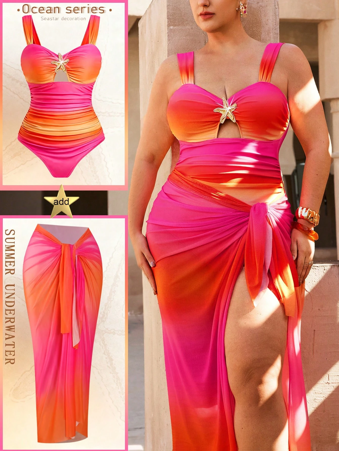 Maillot une pièce +avec cache-maillot long , effet dégradé et découpes ajourées