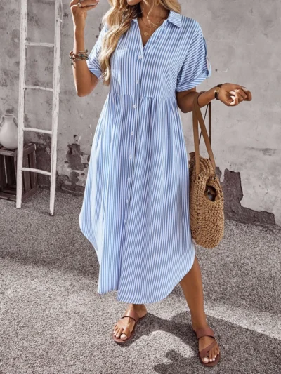 Robe décontractée à manches courtes avec boutons et imprimé rayé