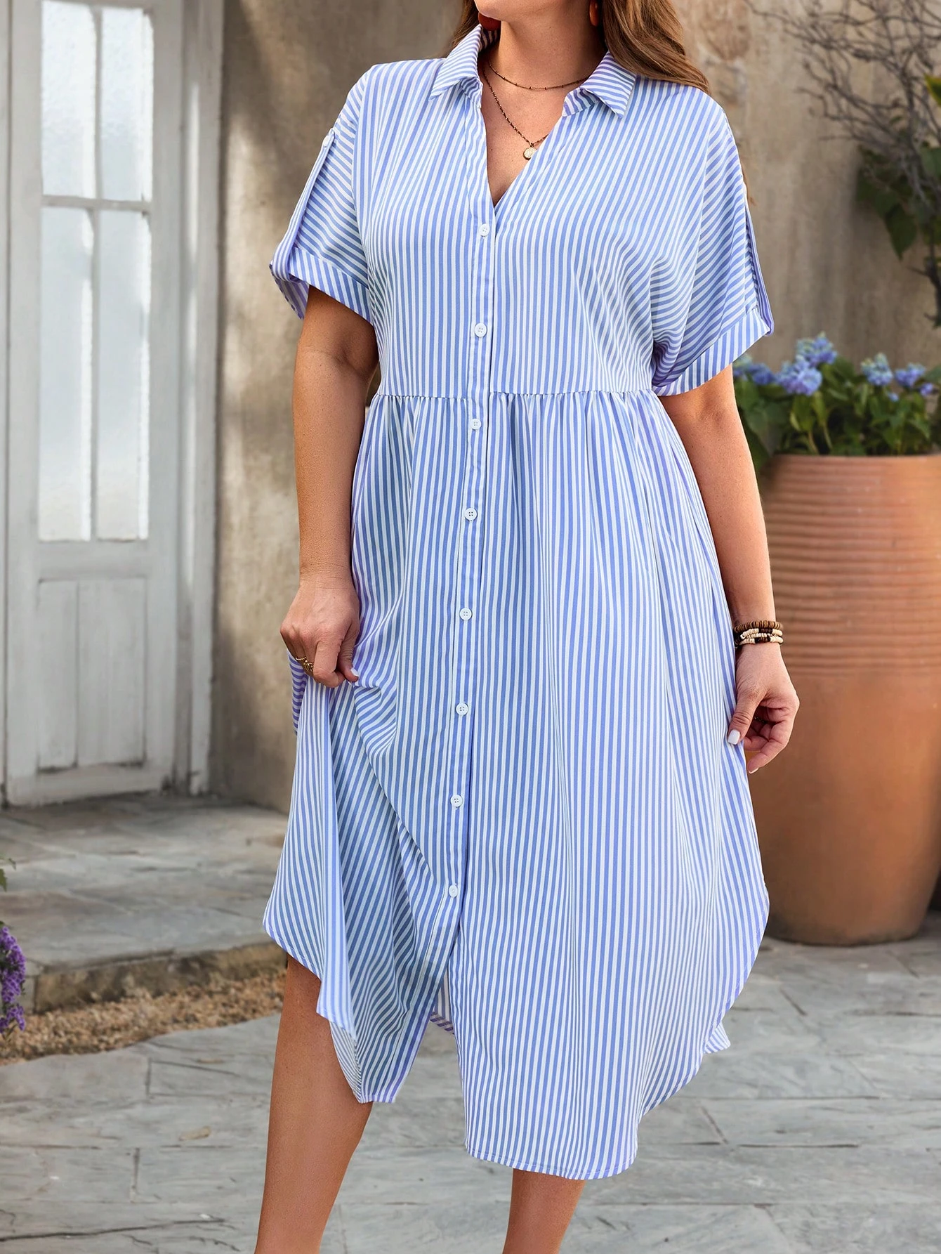 Robe décontractée à manches courtes avec boutons et imprimé rayé – Image 8