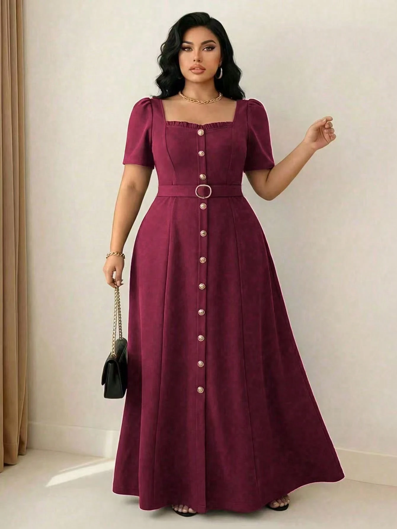 Robe élégante à manches courtes avec volants au col, taille cintrée et boutons – Image 7