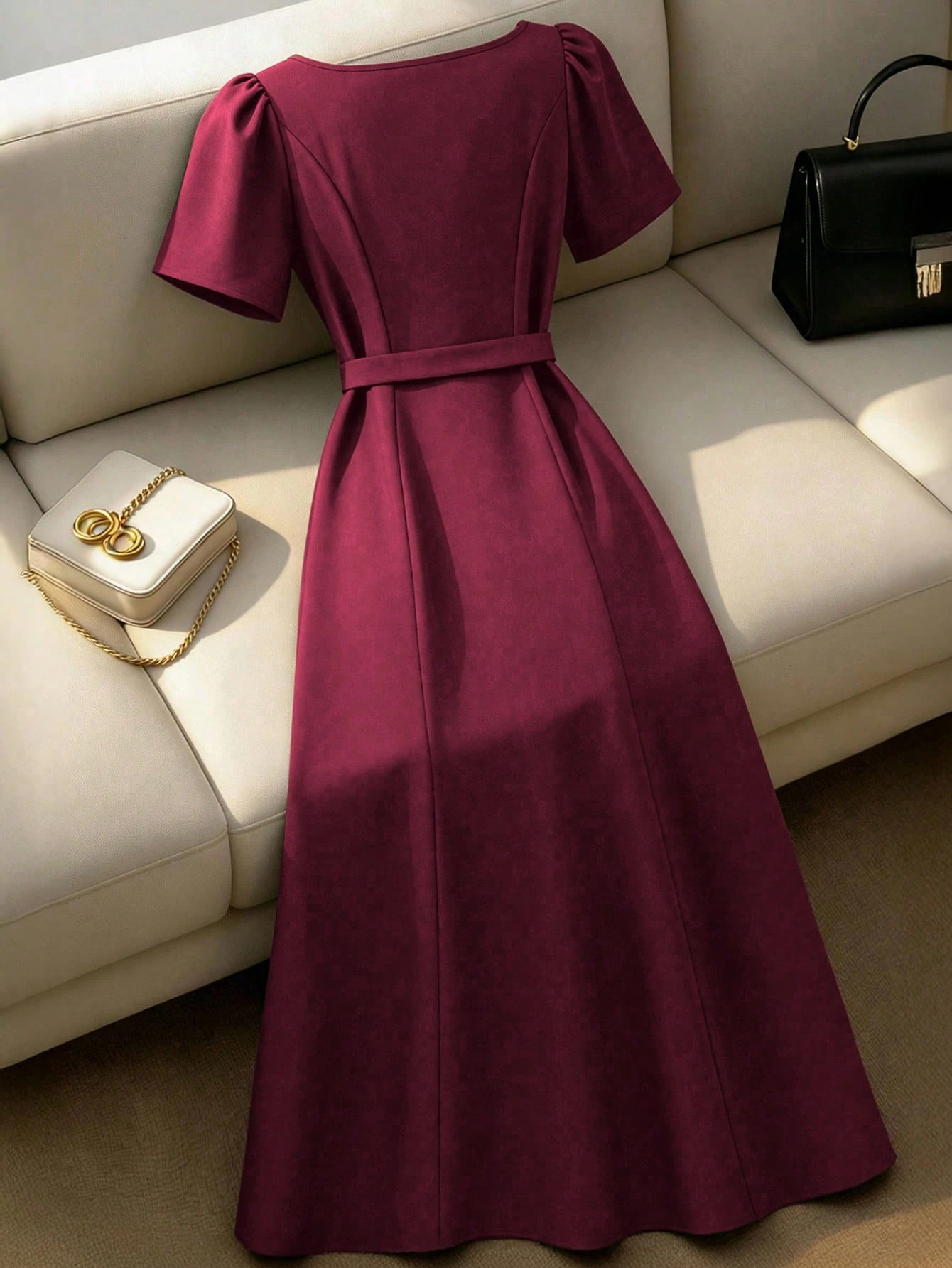 Robe élégante à manches courtes avec volants au col, taille cintrée et boutons – Image 5