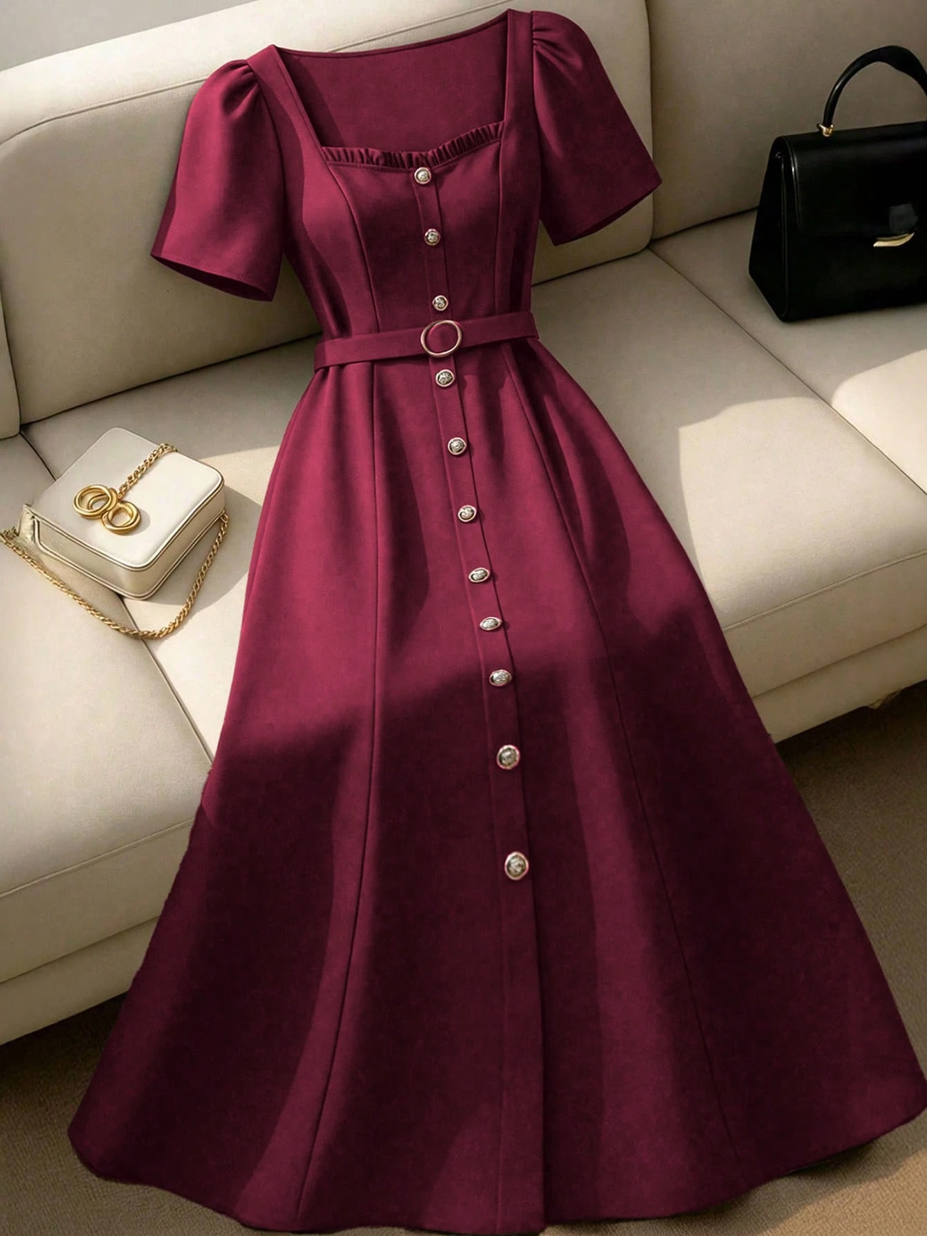 Robe élégante à manches courtes avec volants au col, taille cintrée et boutons – Image 6