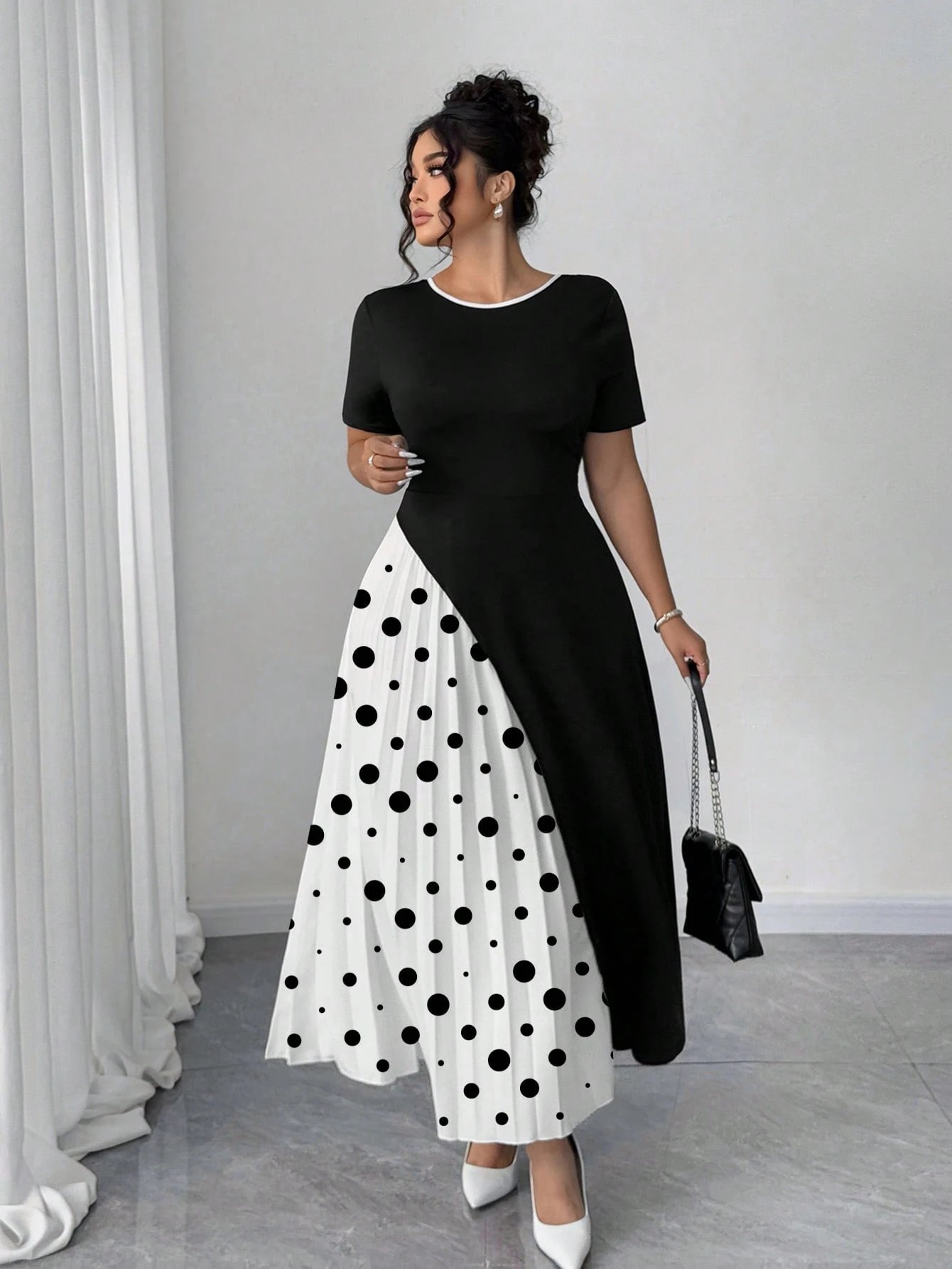 Robe plissée élégante française en patchwork avec détail nœud papillon – Image 5