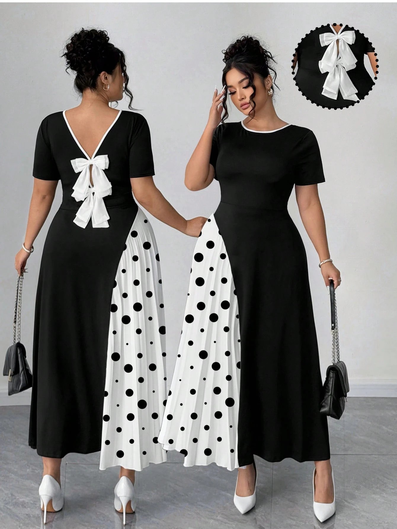 Robe plissée élégante française en patchwork avec détail nœud papillon