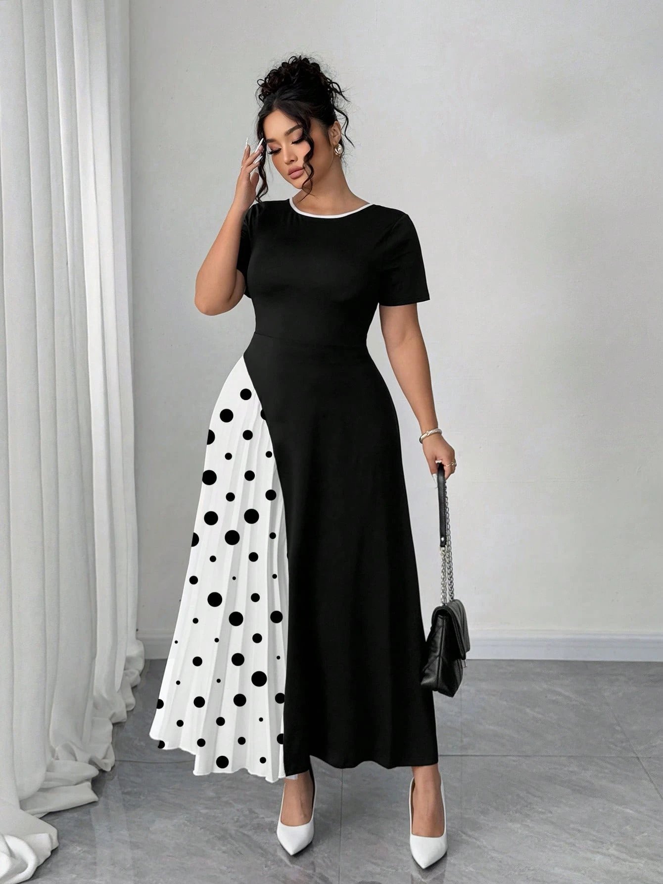 Robe plissée élégante française en patchwork avec détail nœud papillon – Image 3