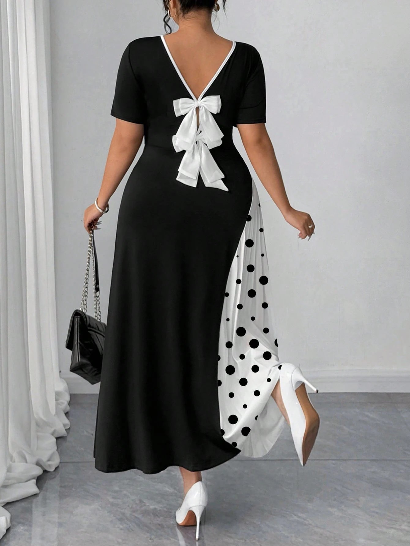 Robe plissée élégante française en patchwork avec détail nœud papillon – Image 6