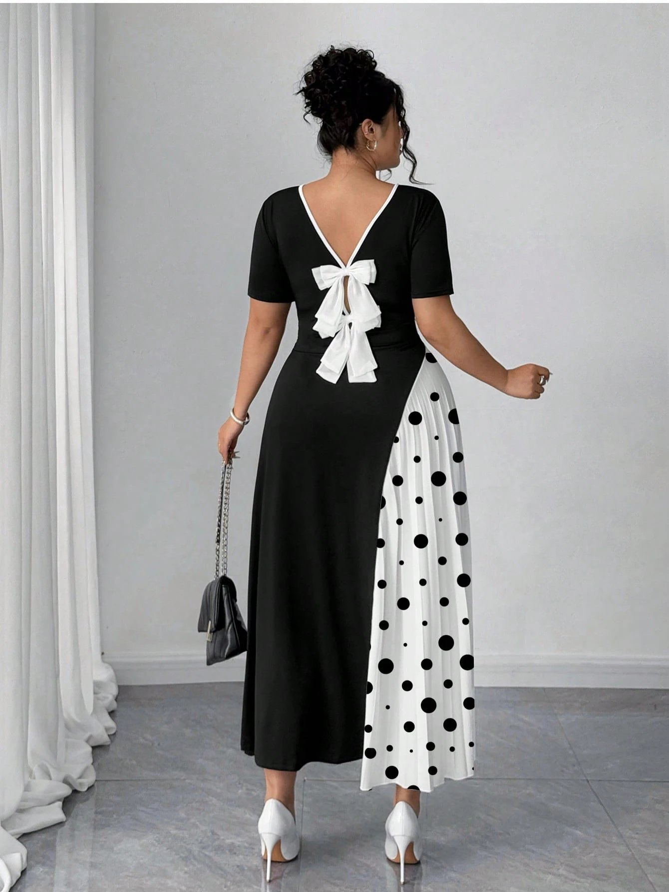 Robe plissée élégante française en patchwork avec détail nœud papillon – Image 7