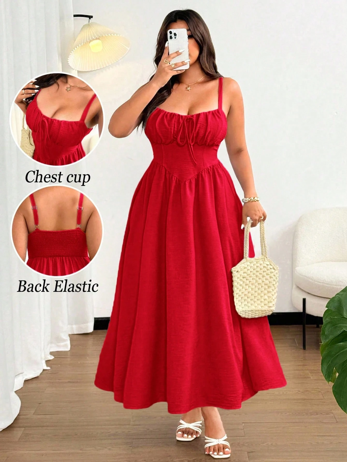 Robe longue évasée à bretelles spaghetti avec nœud papillon avant – Image 7