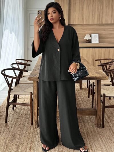 Ensemble 2 pièces veste à col V boutonnée et pantalon large