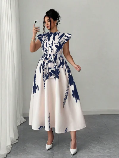 Robe longue élégante à imprimé floral avec volants