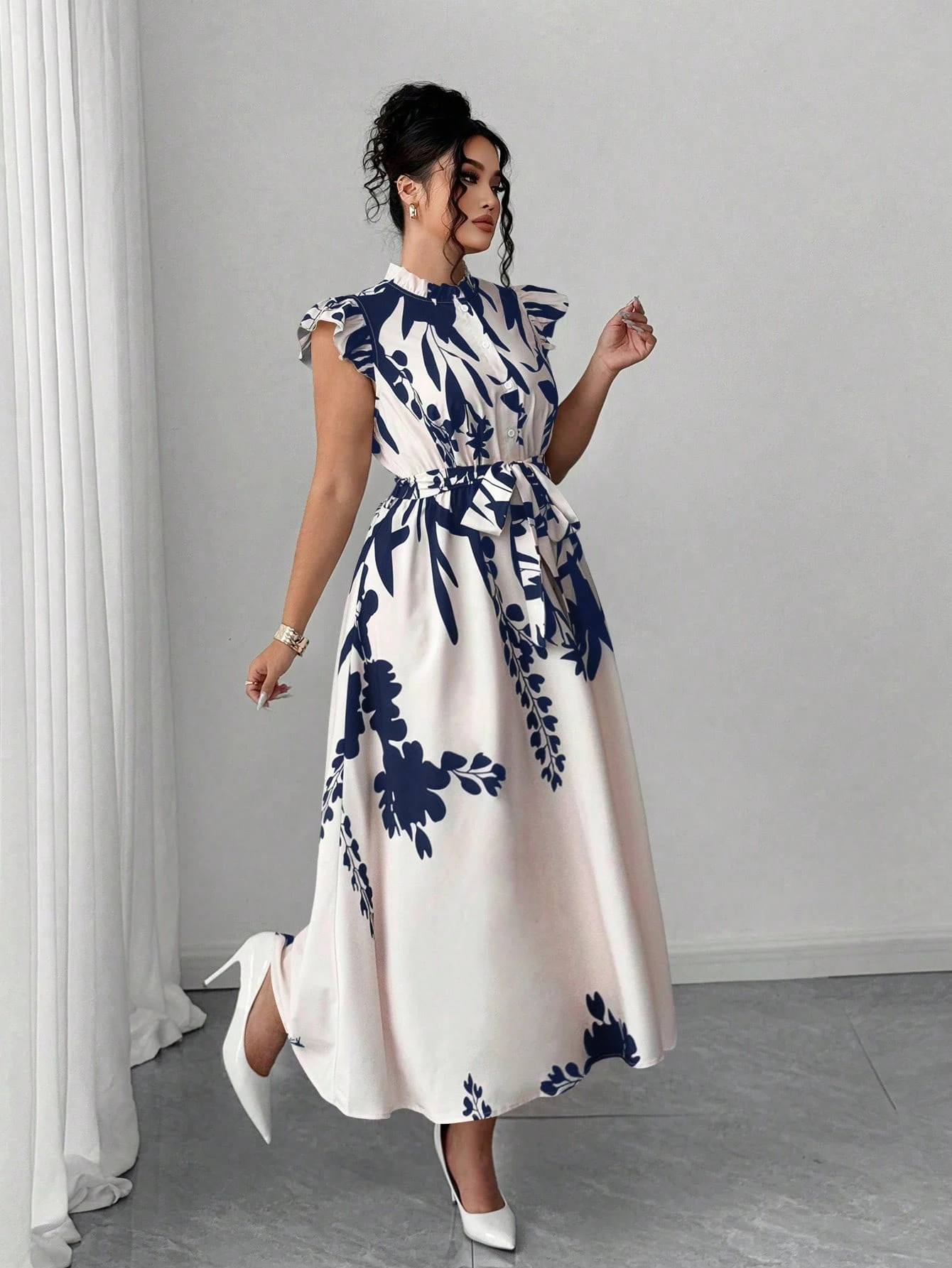 Robe longue élégante à imprimé floral avec volants – Image 5