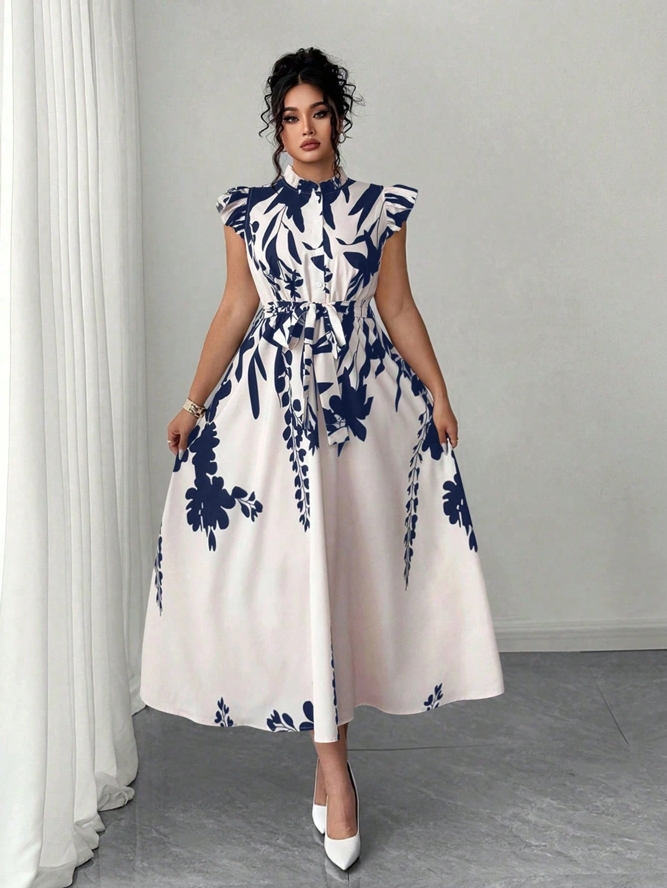 Robe longue élégante à imprimé floral avec volants – Image 3