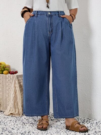 Jeans amples à jambes larges et plissés avec poches
