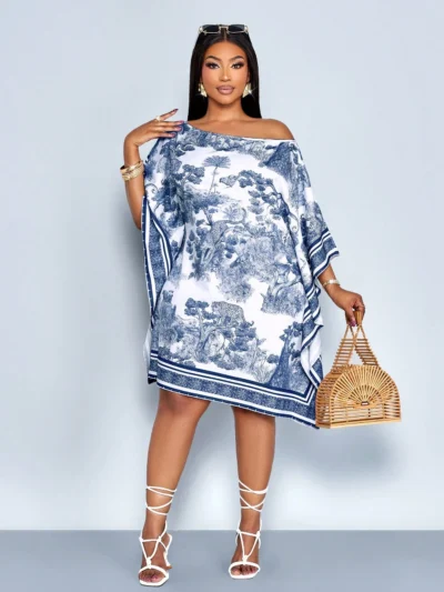 Robe mi-longue à épaules asymétriques