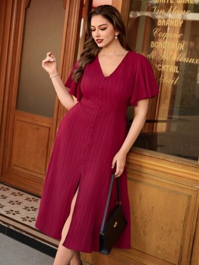 Robe élégante à col en V, manches à volants