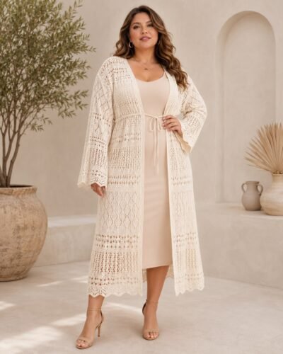 Cardigan en résille ajouré de style western avec cordon de serrage et nœud