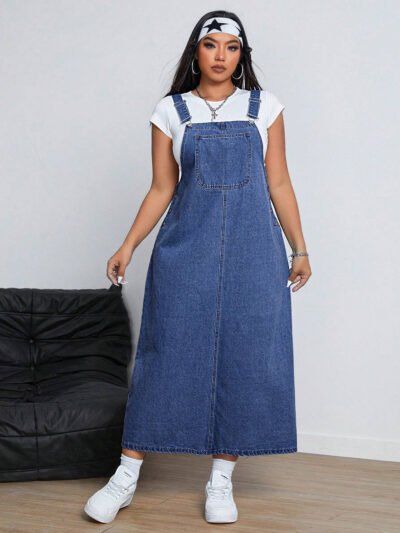 Robe en jean sans manches de couleur unie avec poches