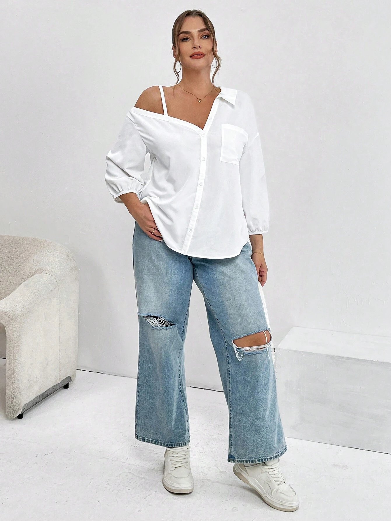 chemise asymétrique d'épaule pour la rue et décontractée