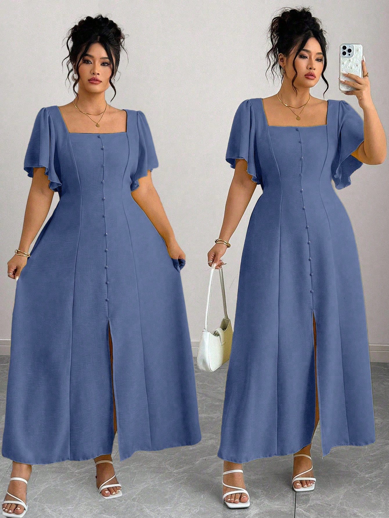 Robe carrée à encolure plissée avec taille cintrée, couleur unie – Image 3