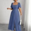 Robe carrée à encolure plissée avec taille cintrée, couleur unie – Image 8