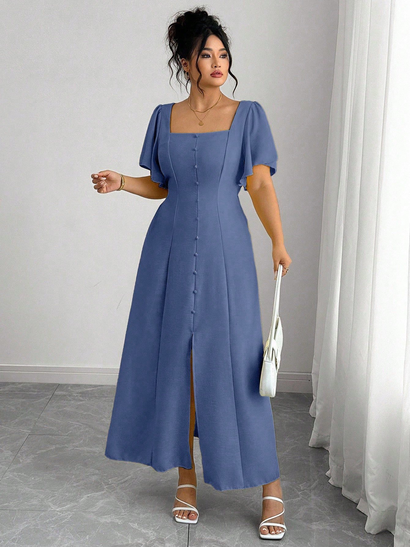 Robe carrée à encolure plissée avec taille cintrée, couleur unie – Image 8